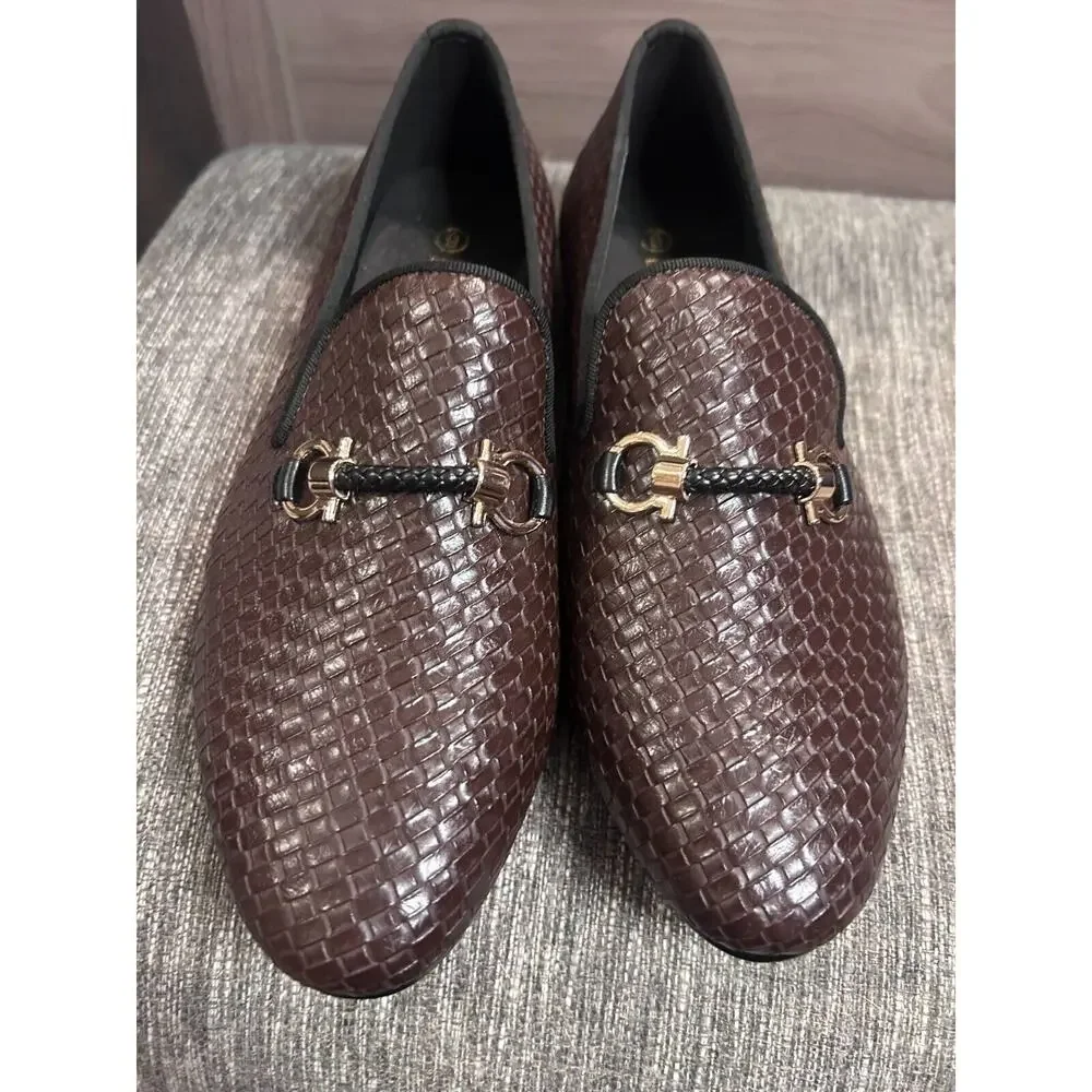 Harpelunde Men Handmade Dress Shoes Buckle Strap Woven Leather Loafers 8.5